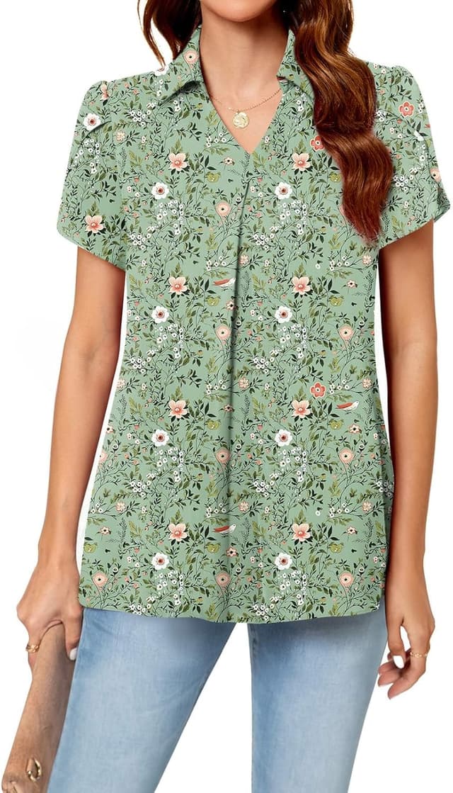 Detalle de Aodemo women’s chiffon pleated V-neck collared short-sleeve tunic blouse