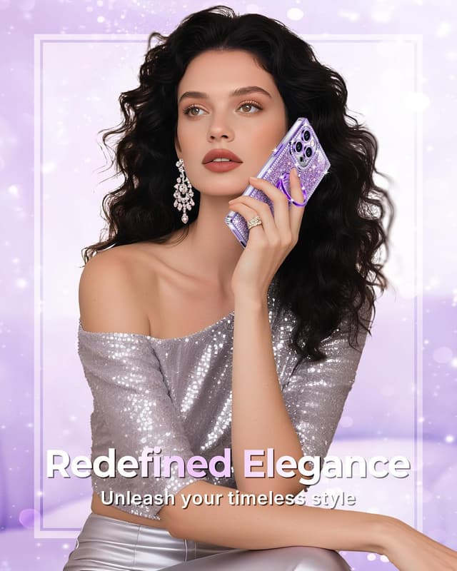 Detalle de XYZ Glitter Bling Case for iPhone 15 Pro Max (Purple) with Heart Stand & Lanyard