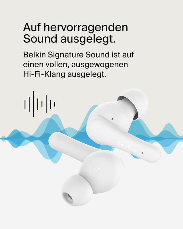 Detalle 2 de Belkin SoundForm Rhythm True Wireless In-Ear Kopfhörer (IPX5, USB‑C Schnellladen, bis 28 Std.) – Weiß