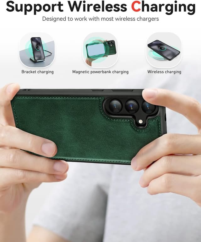 Detalle de OCASE 2in1 Hülle für Samsung Galaxy S25 Plus (abnehmbare magnetische Hülle) – RFID-Kartenfach, kabelloses Laden, dunkelgrün