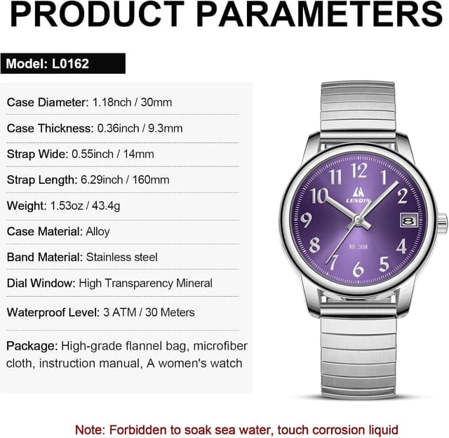 Thumbnail 6 de LN LENQIN orologio da donna analogico al quarzo in acciaio, impermeabile 3 ATM, cinturino espandibile