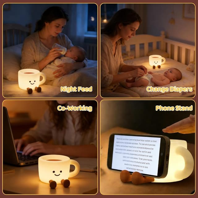 Detalle 2 de Gemmac LED Nachtlicht „Kaffeetasse“ dimmbar, 7 Farben, Touch & Timer, USB-C wiederaufladbar