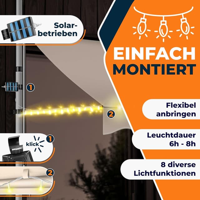 Thumbnail 6 de KESSER® Klemmmarkise mit Handkurbel & LED-Lichterkette (ohne Bohren) für Balkon, Terrasse & Garten – höhenverstellbar, UV-beständig, wasserabweisend