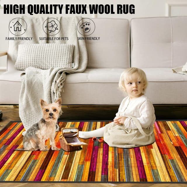 Detalle de WTHYGB Teppichläufer für Flur & Küche, rutschfest, waschbar – 60 x 180 cm (Rot mit Holzmaserung)