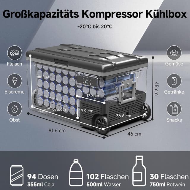 Detalle de AAOBOSI 74L Kompressor-Kühlbox mit APP und LED – bis -20 °C bis 20 °C, 12/24V und 100–240V