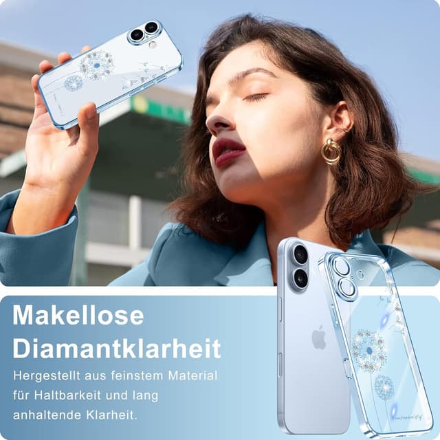 Detalle de 2Buyshop iPhone 17 Hülle aus transparentem Silikon – Löwenzahn Blumen & Glitzer, ultradünn, stoßfest