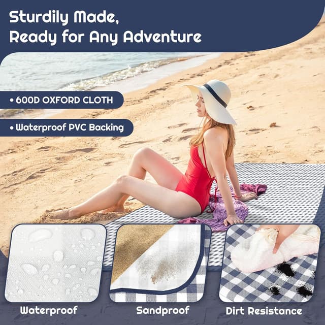 Detalle de Maidyna Picnic Blanket Waterproof 200 x 200 cm (Blue) – sandproof picnic mat with carry handle