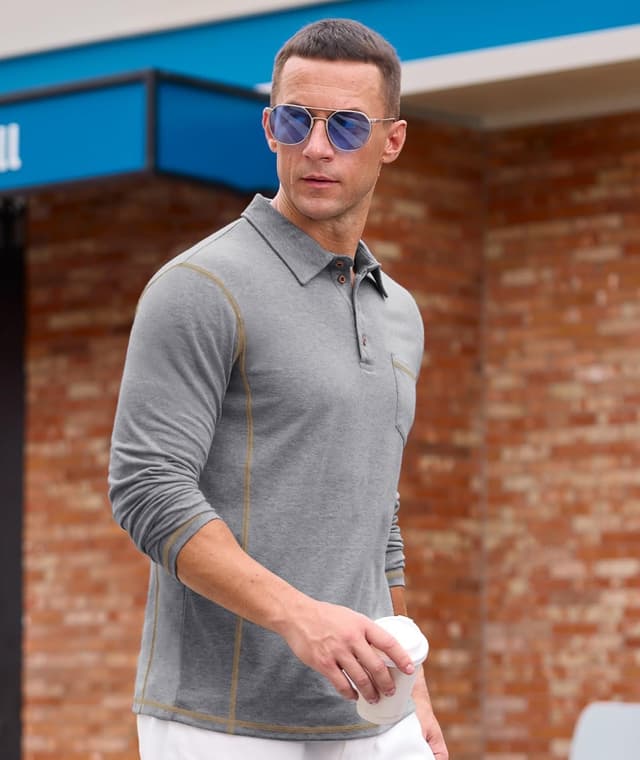 Detalle 2 de Elainone Herren Langarm Polo mit Brusttasche – atmungsaktives Stretch Golf Oberteil (Regular Fit) M bis 3XL