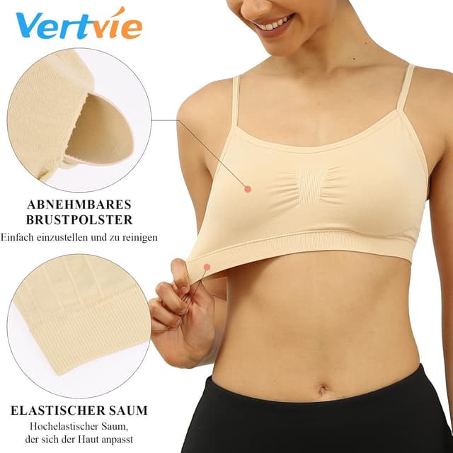 Detalle de Vertvie 2er/3er Pack Yoga-Sport-BH ohne Bügel mit herausnehmbaren Polstern