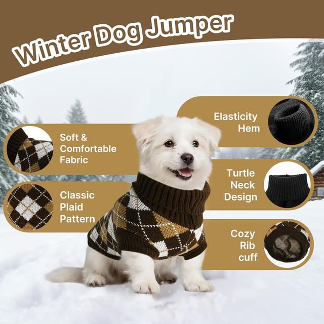 Thumbnail 1 de PawSailor Knitted Dog Jumper Turtleneck Plaid Pullover (Acrylic) – Winter Warm Coat for Medium Dogs, Brown XL