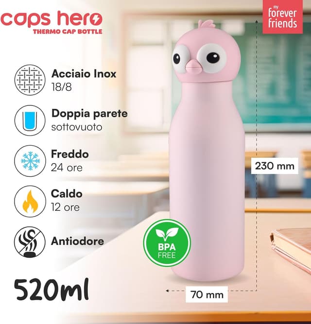 Detalle 2 de CapsHero Borraccia Termica per Bambini Flamingo Fia, Acciaio Inox Senza BPA, 520 ml
