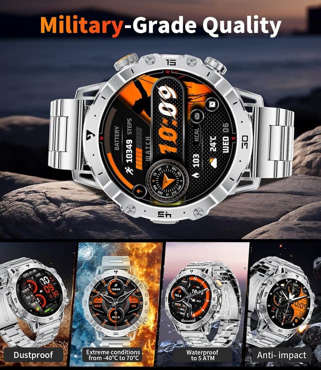 Detalle de SUNKTA Military Smart Watch for Men (1000mAh) – 1.7" HD Bluetooth Fitness Tracker with Dual Charging