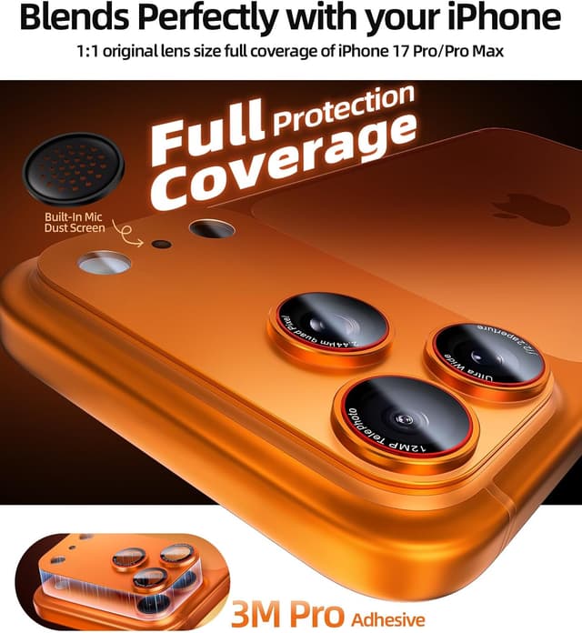 Detalle de X-it iPhone 17 Pro Max Camera Lens Protector (Orange) — 9H Tempered Glass, 1:1 Fit, Case-Friendly Adhesive
