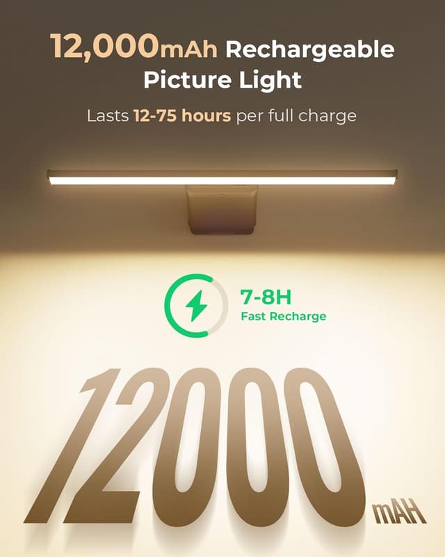 Detalle de PopoIron kabellose Bildbeleuchtung mit 12.000-mAh Akku, dimmbarer LED-Wandleuchte + Fernbedienung (schwarz)