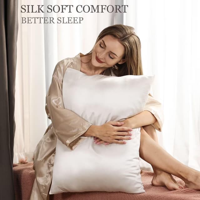 Detalle de Adubor 100% Mulberry Silk Pillowcase (22 Momme) with Hidden Zipper, Queen Size, Ivory White – 1pc