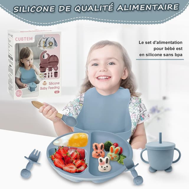 Detalle 2 de Baby Geschirrset 12-teilig (Kindergeschirr, Babylöffel, Trinklernbecher) aus BPA-freiem Silikon mit Saugnapf