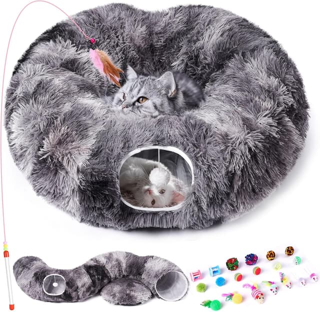 Detalle de Odoland 2-in-1 Cat Tunnel Bed set with washable cushion, donut tunnel & hanging toys (dark grey)