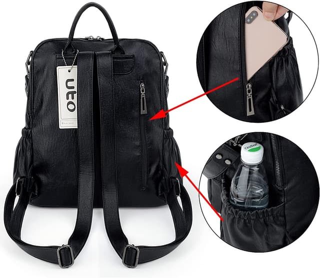 Detalle de UTO Damen Rucksack aus PU Washed Leder – modischer Multifunktionsrucksack mit Doppelreißverschluss und Quastendesign
