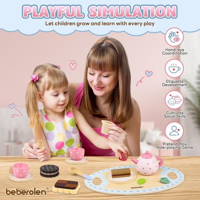 Detalle 2 de Beberolen Wooden Tea Set for Toddlers (pretend afternoon tea play set) with biscuits and teapot