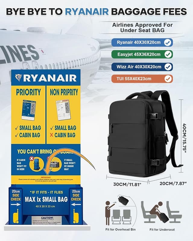 Detalle de Handgepäck-Rucksack Ryanair/Easyjet mit 180°-Öffnung – 40 × 20 × 25 cm (fürs Unter-dem-Sitz)