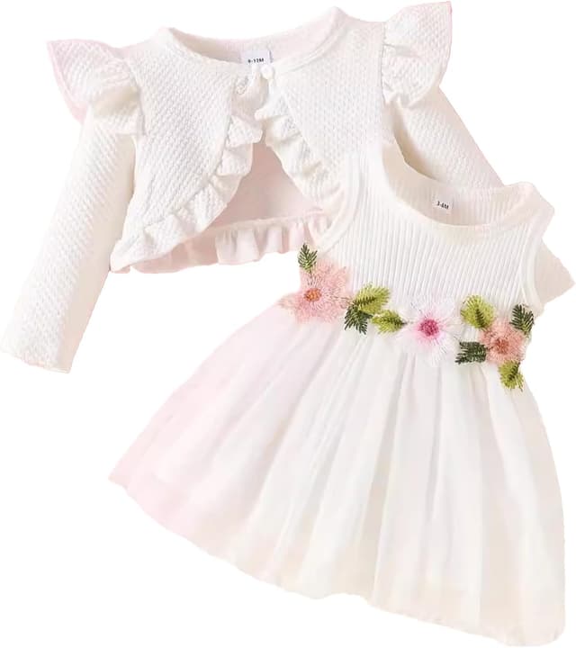 Detalle de JiAmy 2-Piece Baby Girls Dress and Cardigan Set (Sleeveless Floral Dress + Ruffle Cardigan) for 3 Months–3 Years