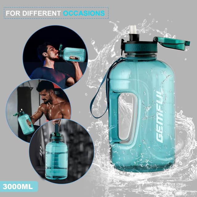 Detalle de GEMFUL 3 L Motivational Water Bottle with Straw & Handle (Cyan) – BPA-free leak-proof hydration jug