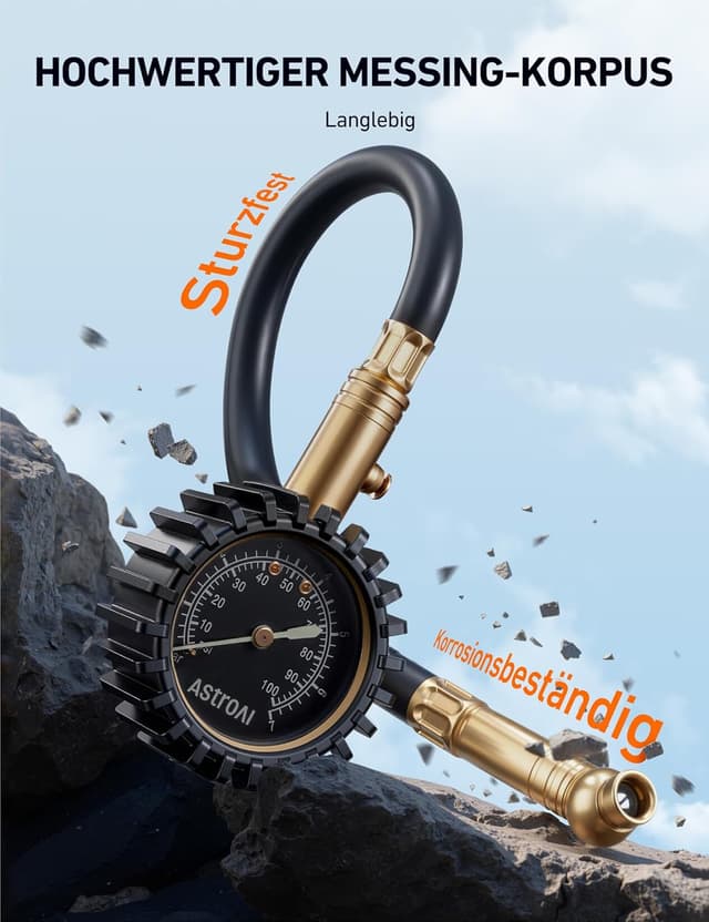 Detalle de AstroAI Reifendruckprüfer (100 PSI, zertifiziert nach ANSI B40.1) mit großer Leuchtanzeige und 0–100 PSI Messbereich