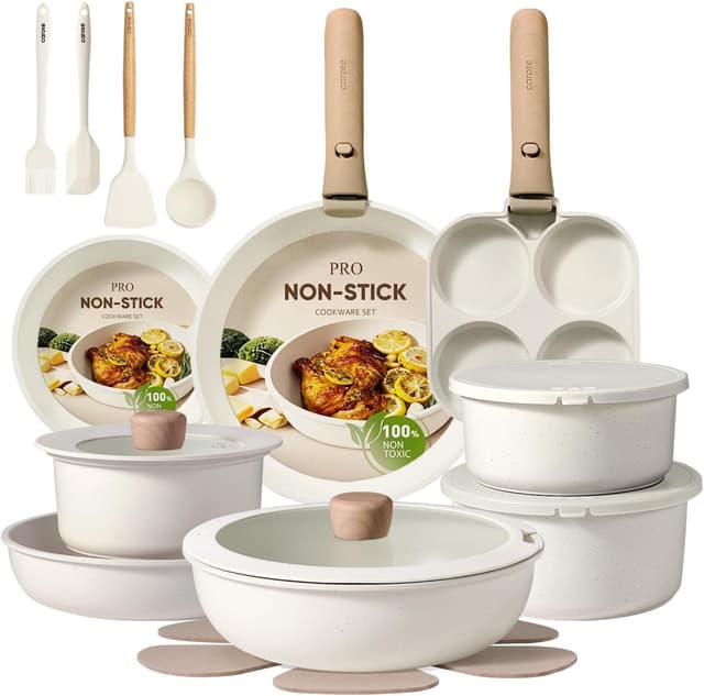 Detalle de CAROTE Detachable Handle Nonstick Pots and Pans Set (Cream) — Space-Saving Cookware Collection for Induction, Oven & Dishwasher