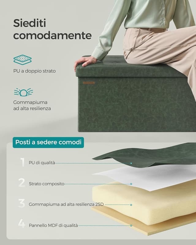 Detalle 2 de SONGMICS Cassapanca pouf contenitore pieghevole verde foresta LSF040C01 (38 x 76 x 38 cm)