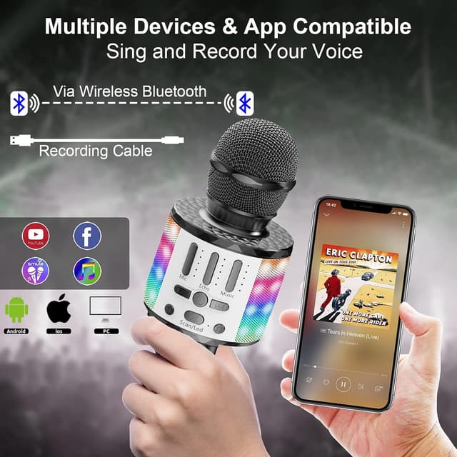 Detalle de MicQutr Karaoke Mikrofon mit Bluetooth, LED und 5-Watt-Lautsprecher – Heim-KTV für Kinder und Familie