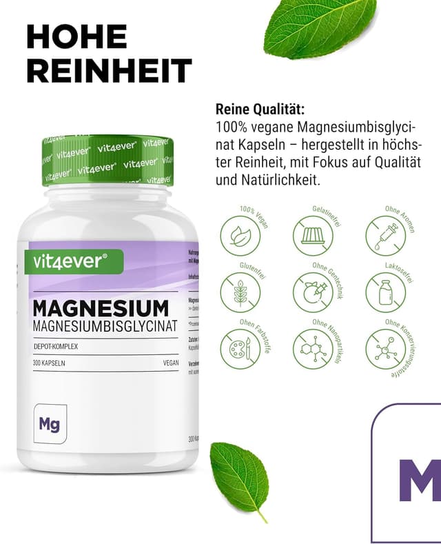 Detalle 2 de vit4ever Magnesium Bisglycinat Depot Komplex mit 300 mg pro Tagesdosis – 300 Kapseln (Magnesiumglycinat als organisches Aminosäurechelat)