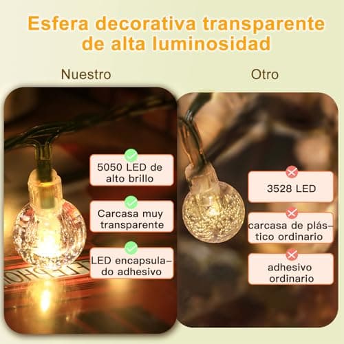 Detalle 2 de Guirnaldas luces exterior solar taiyongkang 30 LED 8 m con bolas de cristal y 8 modos (IP65, blanco cálido)