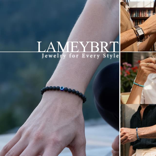 Detalle de Lameybrt Naturstein-Achat Elastisches Evil-Eye-Armband-Set mit Charms, verstellbar (6 mm Achat)