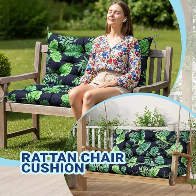 Detalle 2 de ZxrFxr Waterproof Swing Seat Cushions (Green Leaves) – thick patio bench pad for 2/3/4 seater swings, 150x100cm