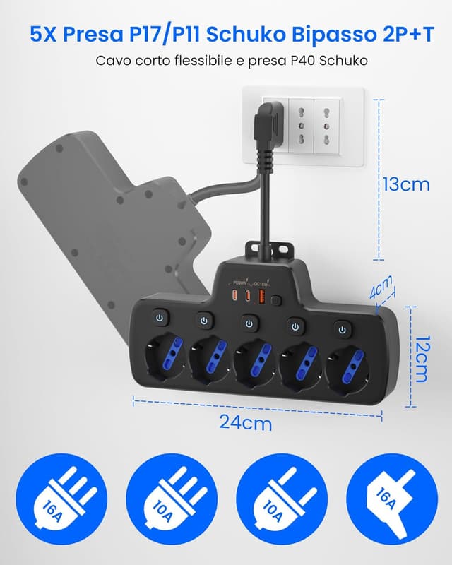 Detalle 2 de Ciabatta multipresa elettrica 5 prese Schuko 16A