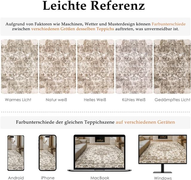 Detalle de HUGEAR Vintage brauner waschbarer Läufer 60×180 cm für Flur, Küche & Schlafzimmer (rutschfest, Kurzflor)