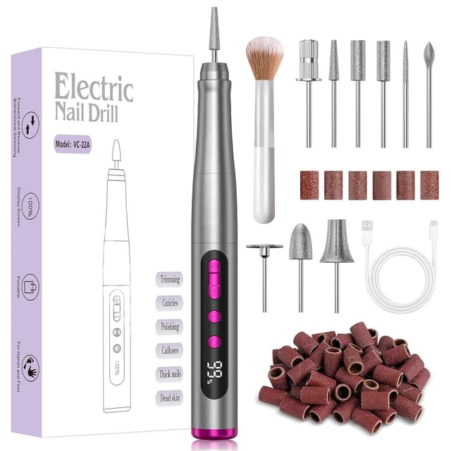 Detalle de Kabelloser Nagelfräser mit 35.000 U/min – elektrische Nagelfeile für Acryl- und Gelnägel, mit LCD-Display (Silber)