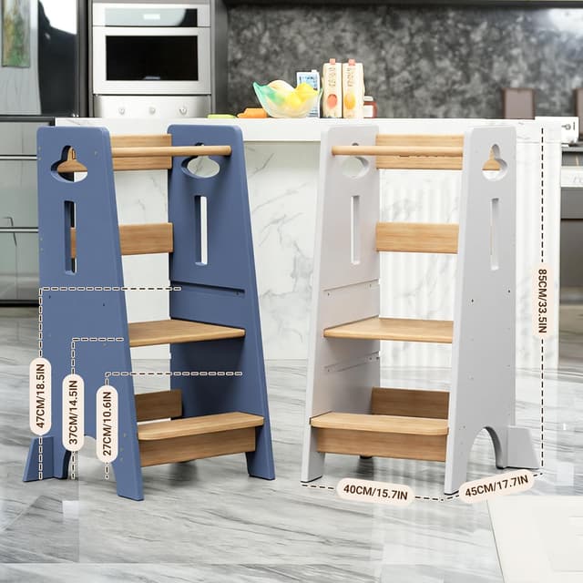Detalle de COSYLAND Height Adjustable Toddler Standing Tower (3 Levels) – Super Stable Wooden Kitchen Stool Helper