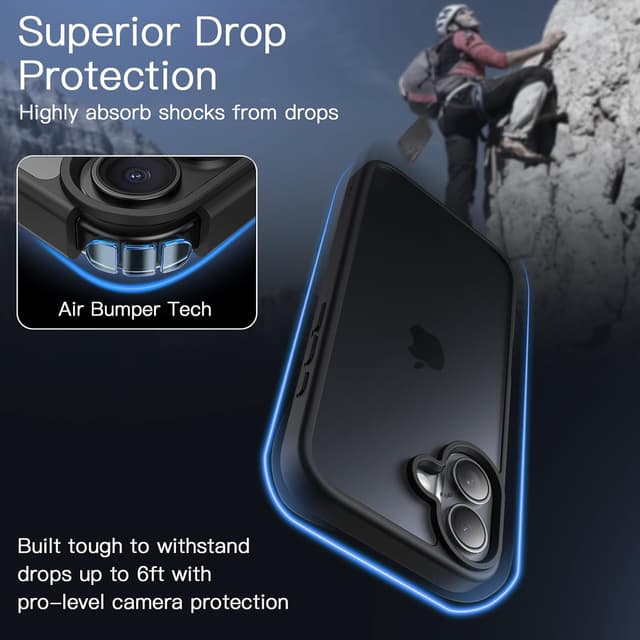 Detalle de JETech Matte Case for iPhone 16 Plus (6.7-inch) – Shockproof Military Grade Drop Protection, Frosted Translucent Back (Black)