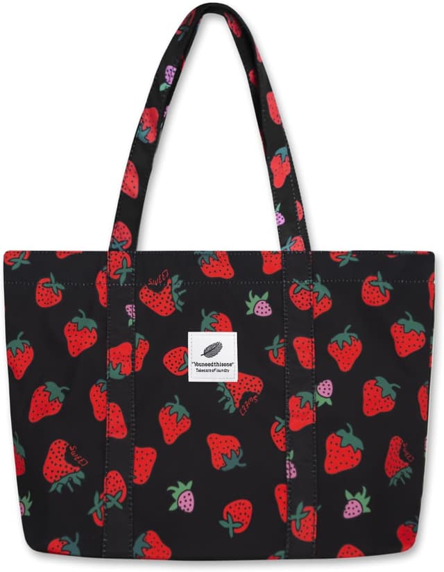 Detalle de YAMEIZE Strawberry Tote Bag for Women & Girls – Large Nylon Cherry & Strawberry Shoulder Tote with Inner Pocket