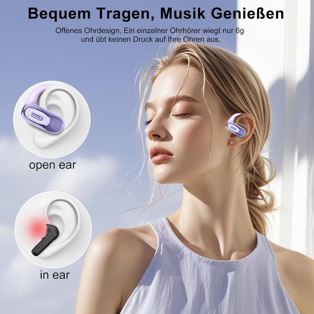 Detalle de Open Ear Kopfhörer Bluetooth 5.4 mit Ohrhaken, 4 ENC-Mikrofonen und IPX7 (lila)