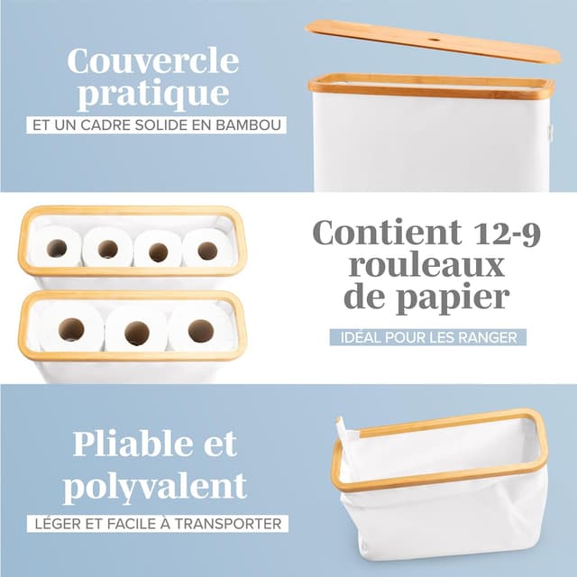 Detalle 2 de LONBET Rangement papier toilette 12 rouleaux pliable et empilable avec couvercle en bambou (panier WC gris clair)