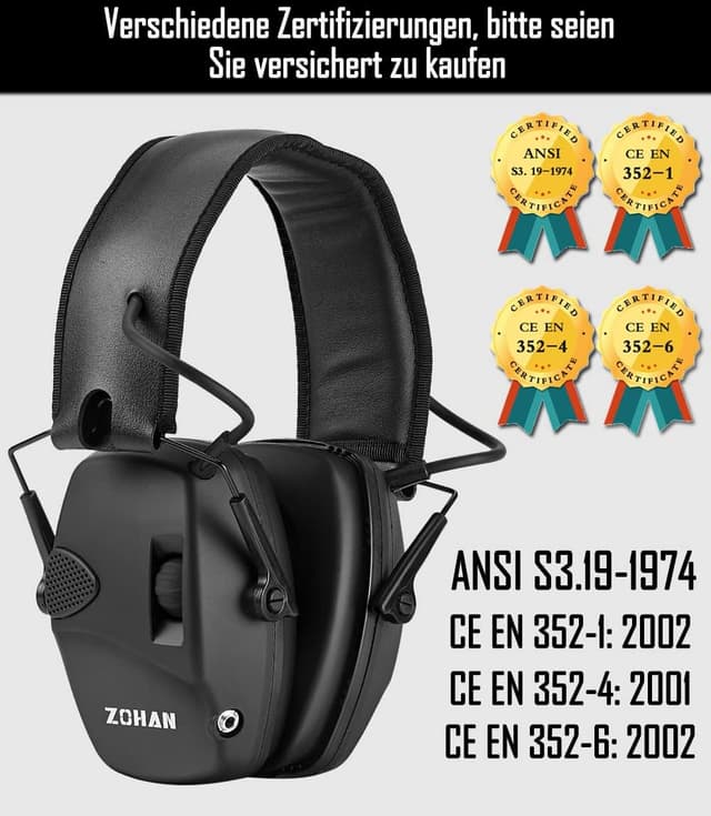 Detalle de Casque anti-bruit ZOHAN 054 électronique pour tir, SNR 27 dB / NRR 22 dB, coussinets remplaçables (noir)