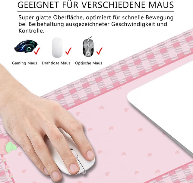 Detalle 2 de Rosa Mauspad Herzform 80x30 cm als XL Schreibtischunterlage mit rutschfester Naturkautschuk-Basis