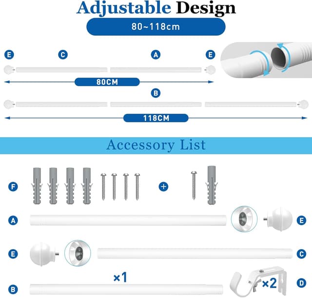 Thumbnail 6 de Yeabett Gardinenstange ausziehbar 80–118 cm (22 mm) mit höhenverstellbaren Trägern, weiß