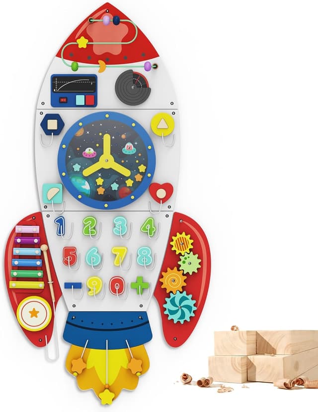 Detalle de BlueWood Wooden Wall Busy Board Panels (Rocket) — Montessori-inspired toddler learning activity center