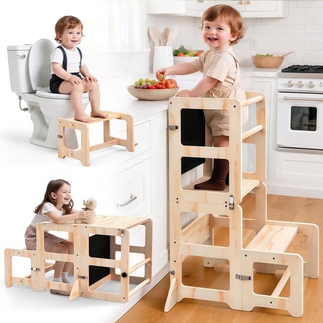 Detalle de Toddler Kitchen Step Stool 4-in-1 Foldable Standing Tower with Blackboard (Ages 18 Months to 4 Years)