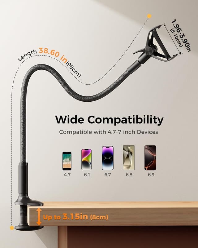 Detalle de SAIJI support de téléphone de chevet avec col de cygne 95 cm et rotation 360° (cuir PU, noir)