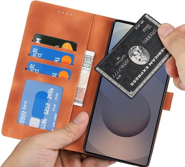 Detalle 2 de Zouzt Hülle für Samsung Galaxy S25 Ultra – stoßfeste PU-Leder Flip-Hülle mit Kartenhalter und Standfunktion (Vintage Hellbraun)