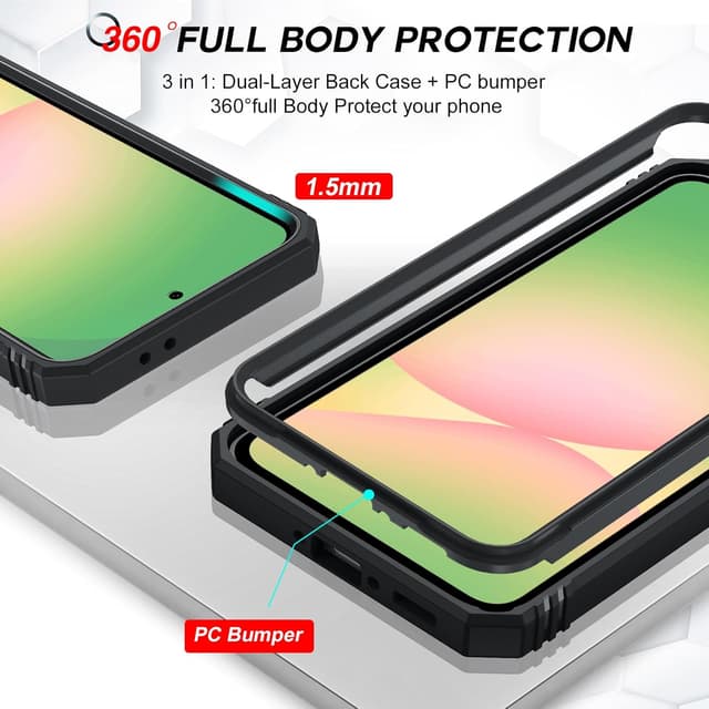 Detalle de LeYi for Samsung Galaxy A56 5G Case with Camera Cover Slider, 360° Tough Armour + Ring Stand and 2 Tempered Glass Screen Protectors (Black)